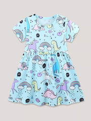Light blue toddler dress with dinosaurs, unicorns, and rainbows pattern.