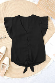 Black button-down blouse with ruffle sleeves and a tie-front detail