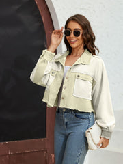 Textured colorblock cropped jacket in matcha green and cream with raw edges and button front.