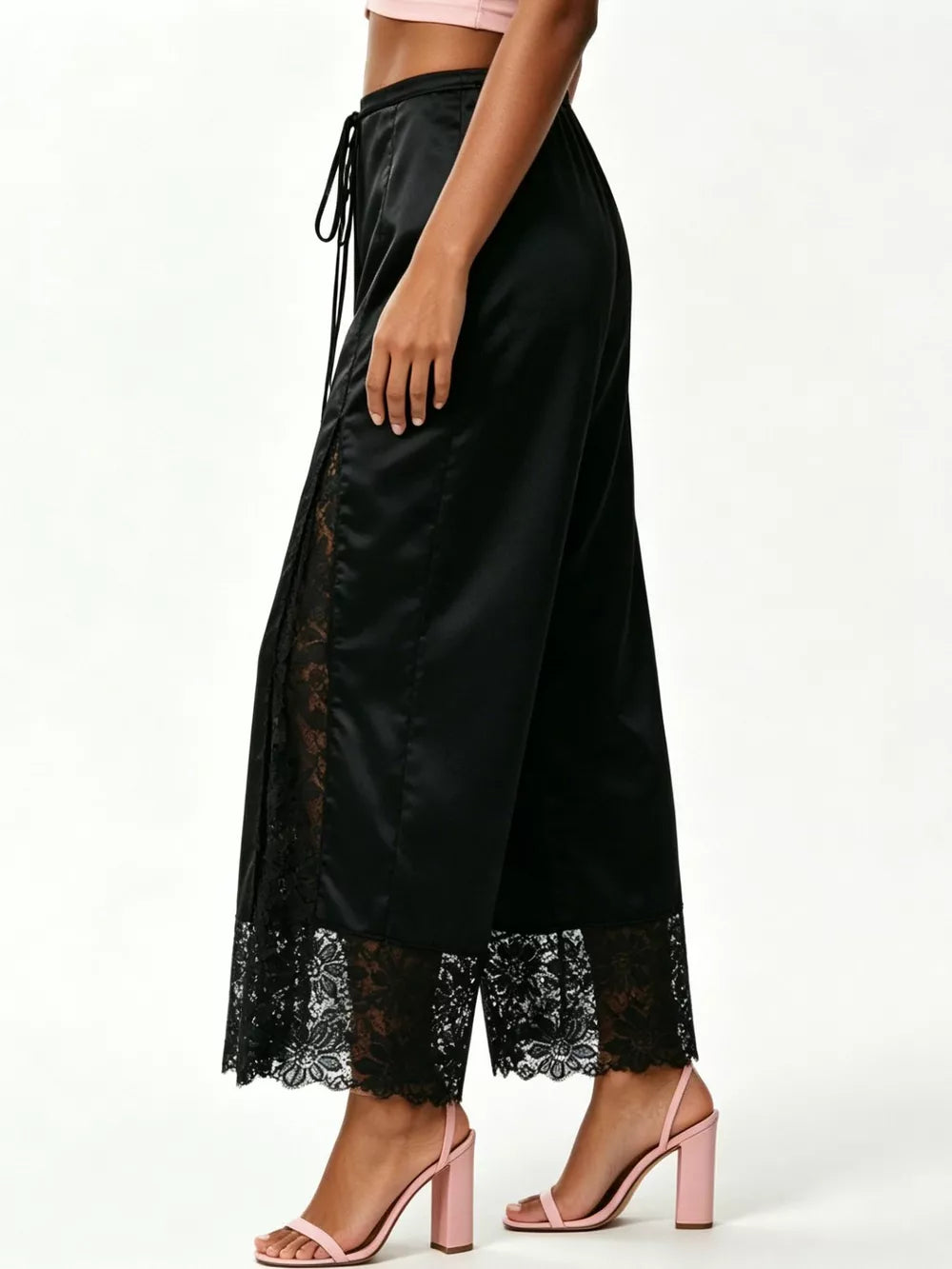 Lace Trim Wide-leg Cropped Pants in White, view 15