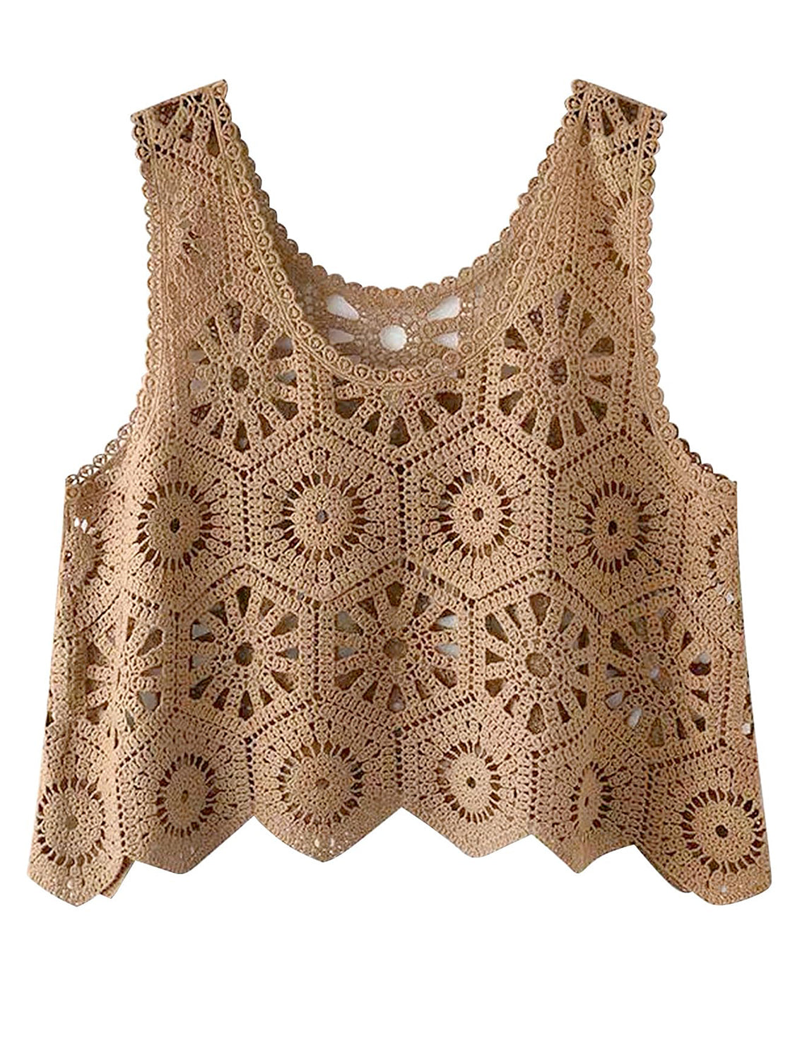 Tan crochet medallion tank top with scalloped hem and intricate openwork pattern.
