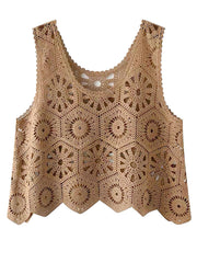 Tan crochet medallion tank top with scalloped hem and intricate openwork pattern.