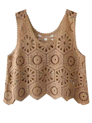 Tan crochet medallion tank top with scalloped hem and intricate openwork pattern.