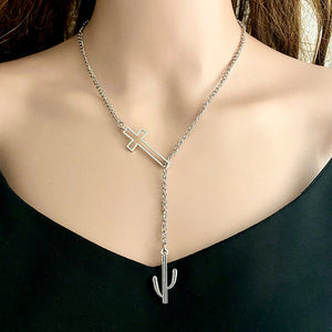 Silver asymmetrical cross lariat necklace with cactus charm, alloy.