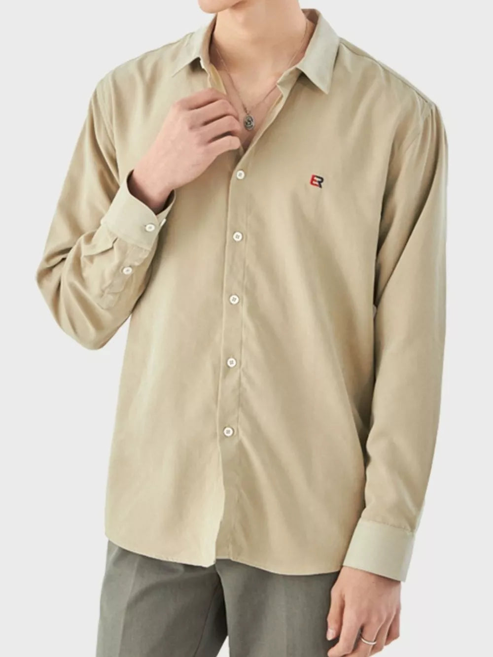 Men's Khakis button-up shirt with embroidered logo and buttoned cuffs