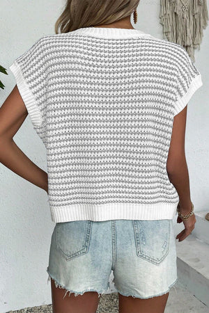 Sleeveless knit tank top in white with thin gray stripes, acrylic, crew neck