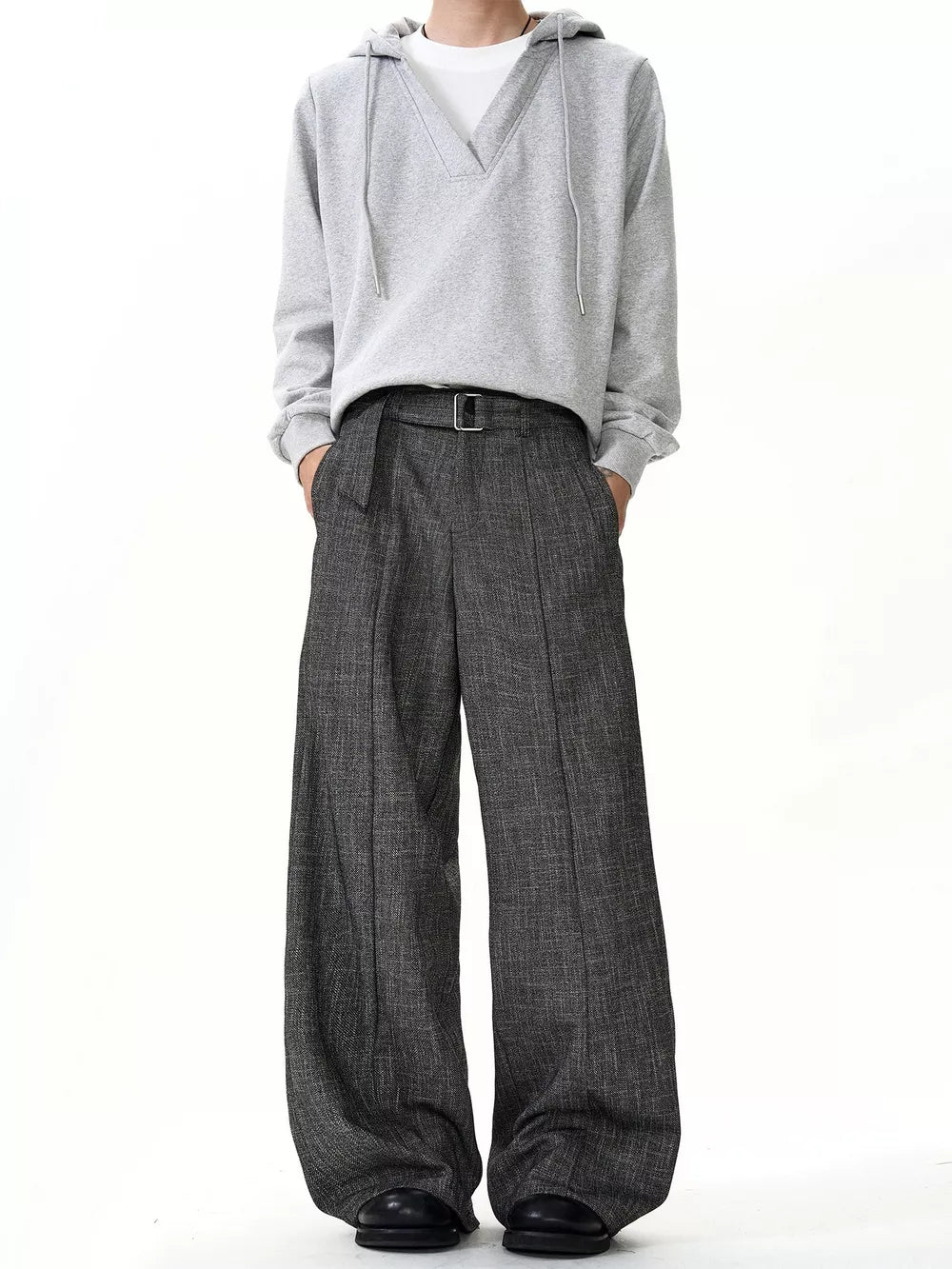 Men's charcoal wide leg sweatpants with belt loops and a buckle belt.
