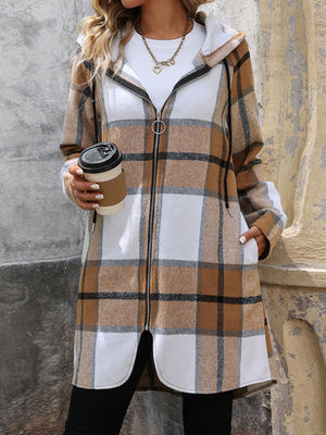 Longline plaid hoodie jacket in camel with zip front and pockets.