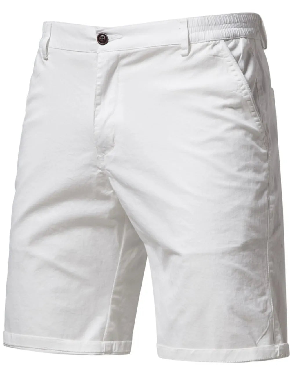 White chino shorts with elastic waist and button closure.