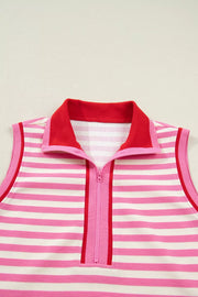 Half-zip striped cotton bikini top with red collar and pink trim