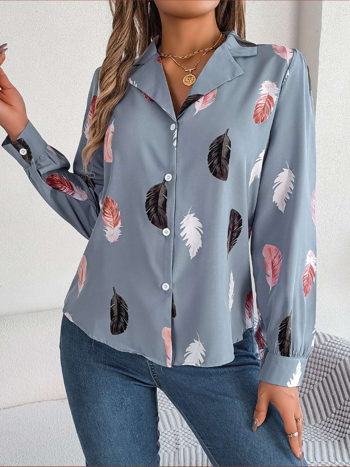 Misty Blue feather print blouson sleeve button-down shirt with collar