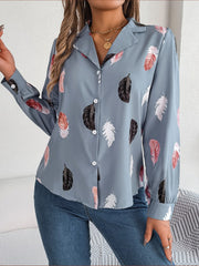 Misty Blue feather print blouson sleeve button-down shirt with collar