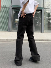 Men's black high-waisted flare leg trousers with a casual streetwear style.
