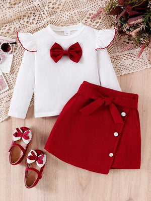 Children's Bow Long Sleeve Top And Skirt Set in White, front view