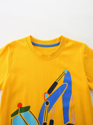Yellow cotton t-shirt with blue excavator graphic and blue neckline trim.