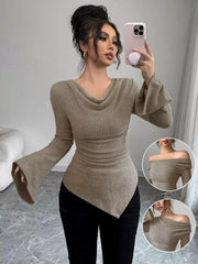 Khaki ribbed cowl neck top with asymmetrical hem and flared sleeves.