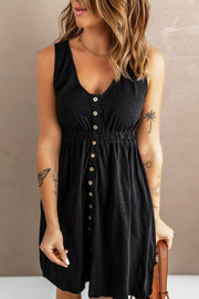Black button-down mini dress with gathered waistline and V-neck