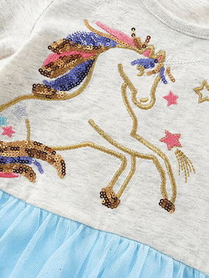 Toddler dress with sequin unicorn embroidery and blue tulle skirt.