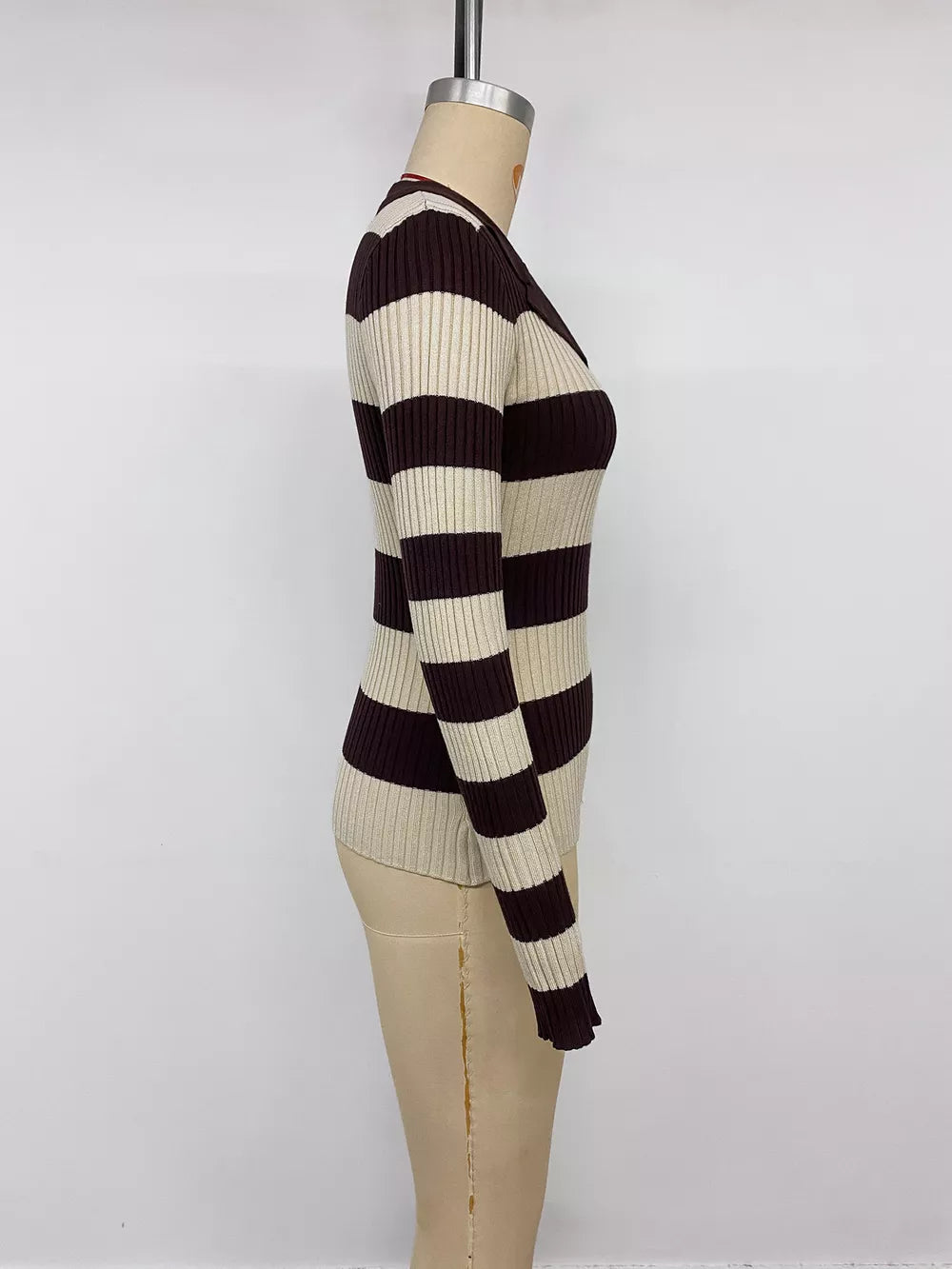 Striped Ribbed Knit Long Sleeve Sweater in Coffee Brown, view 12