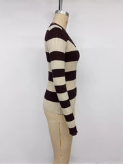 Striped Ribbed Knit Long Sleeve Sweater in Coffee Brown, view 12
