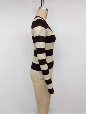 Striped Ribbed Knit Long Sleeve Sweater in Coffee Brown, view 12