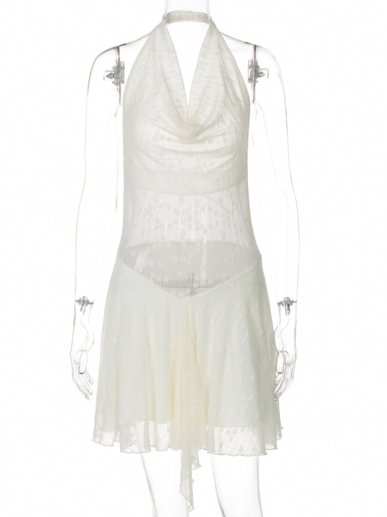 White lace backless mini dress with cowl neck and asymmetrical hem