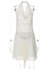 White lace backless mini dress with cowl neck and asymmetrical hem