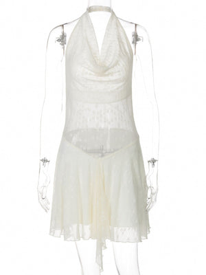 White lace backless mini dress with cowl neck and asymmetrical hem