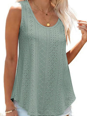 Sage eyelet scoop neck tank top with intricate patterned fabric.