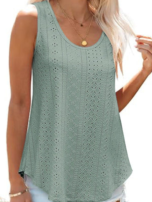 Sage eyelet scoop neck tank top with intricate patterned fabric.