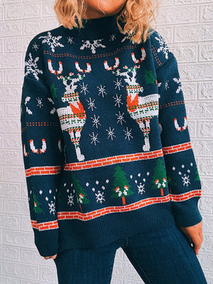 Peacock Blue acrylic turtleneck sweater with reindeer and snowflake intarsia pattern.