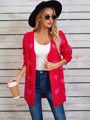 Romantic Heart Intarsia Knit Cardigan in Scarlet with pink hearts, acrylic, open front, long sleeve.