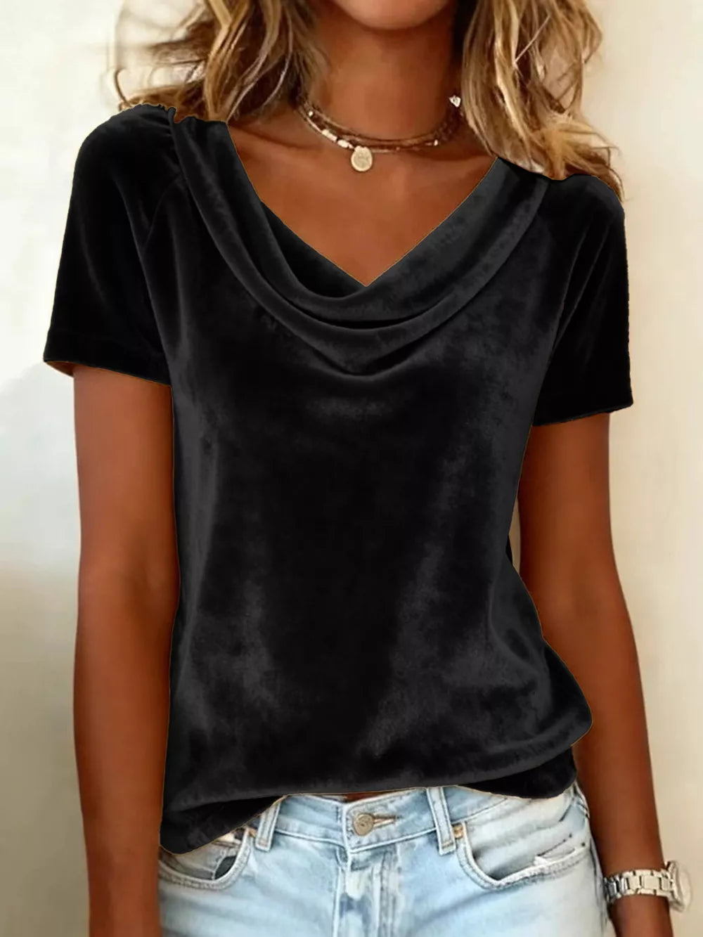 Black velvet cowl neck t-shirt with short sleeves, relaxed fit.