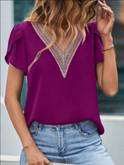 Purple lace trim flutter sleeve blouse with V-neck