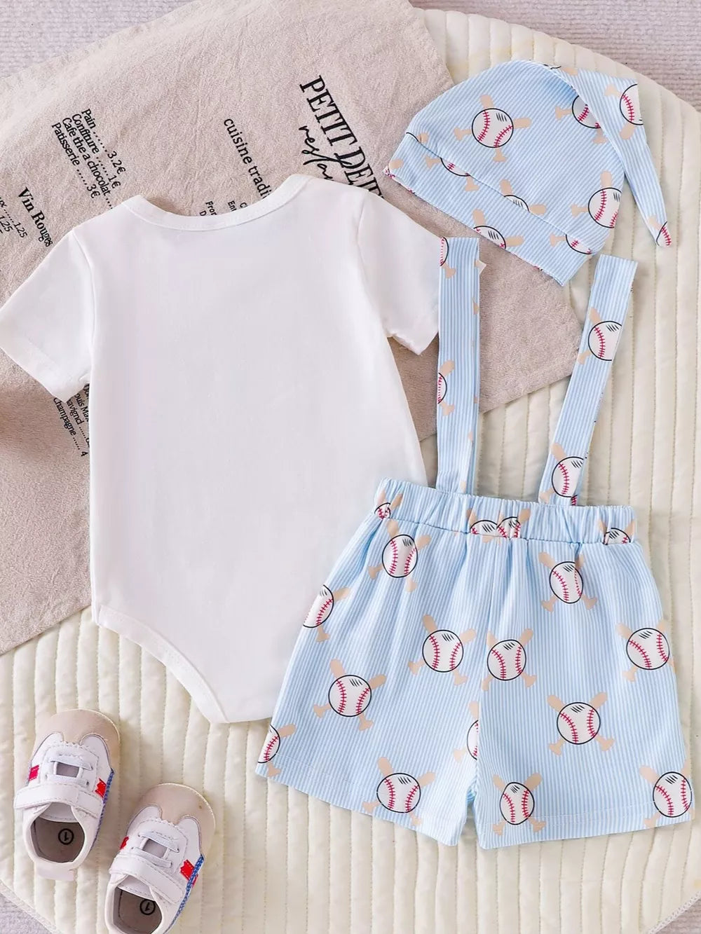 Children's Baseball Bodysuit And Suspender Set in Light Blue, fit detail