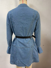 Button front denim dress with flounce sleeves and black belted waist.