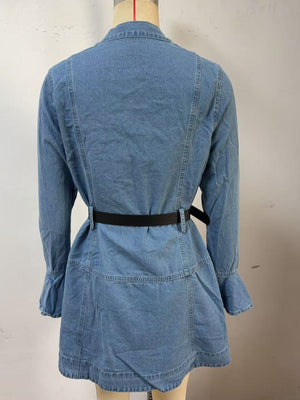 Button front denim dress with flounce sleeves and black belted waist.