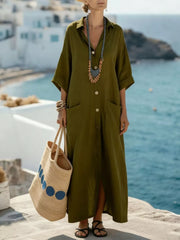 Olive green button-front maxi dress with 3/4 sleeves, pockets, and a collared neckline.