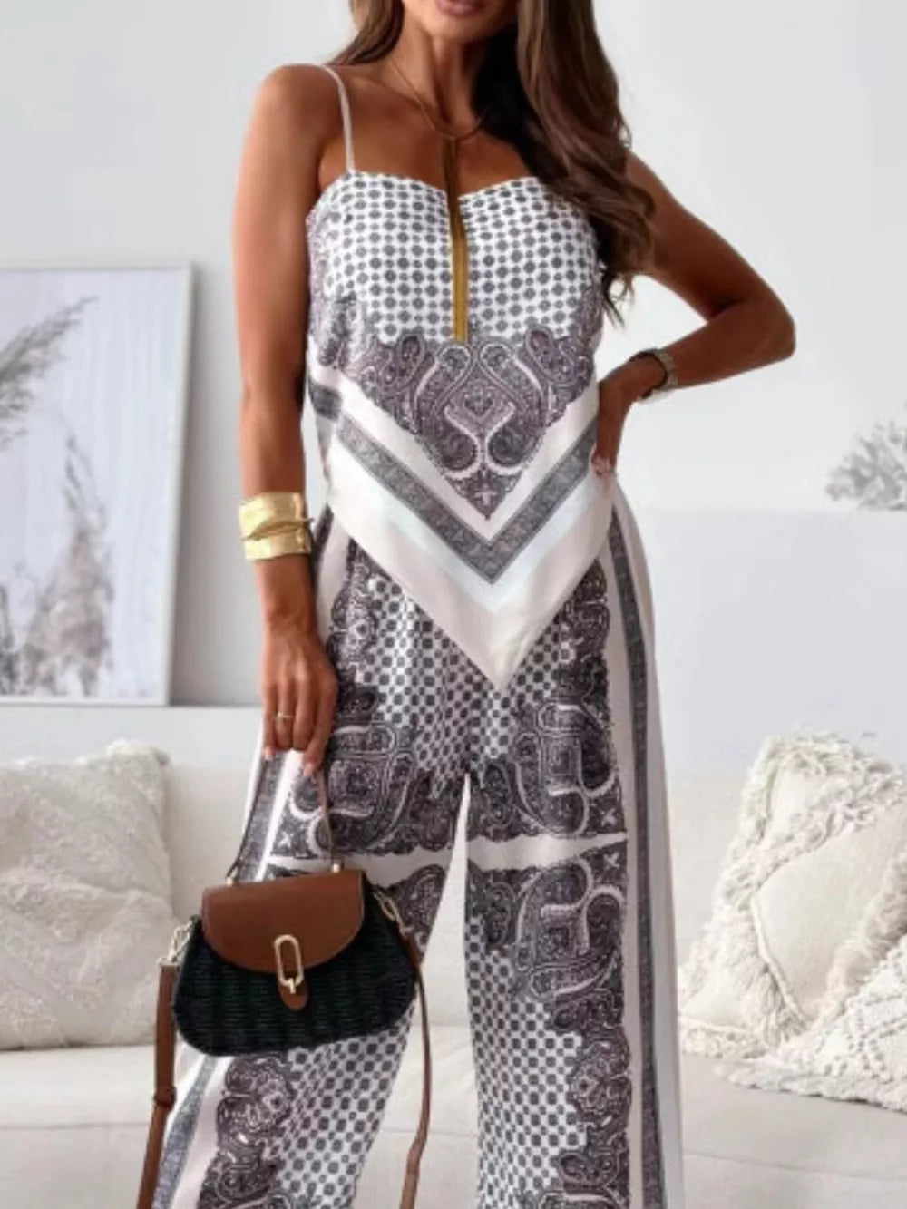 Chic printed cami and wide-leg pants set in black and white paisley and checkerboard patterns.