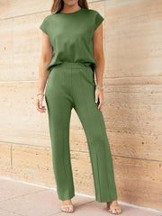 Seamed knit wide-leg co-ord set in Matcha Green with cap sleeves and elastic waist pants.