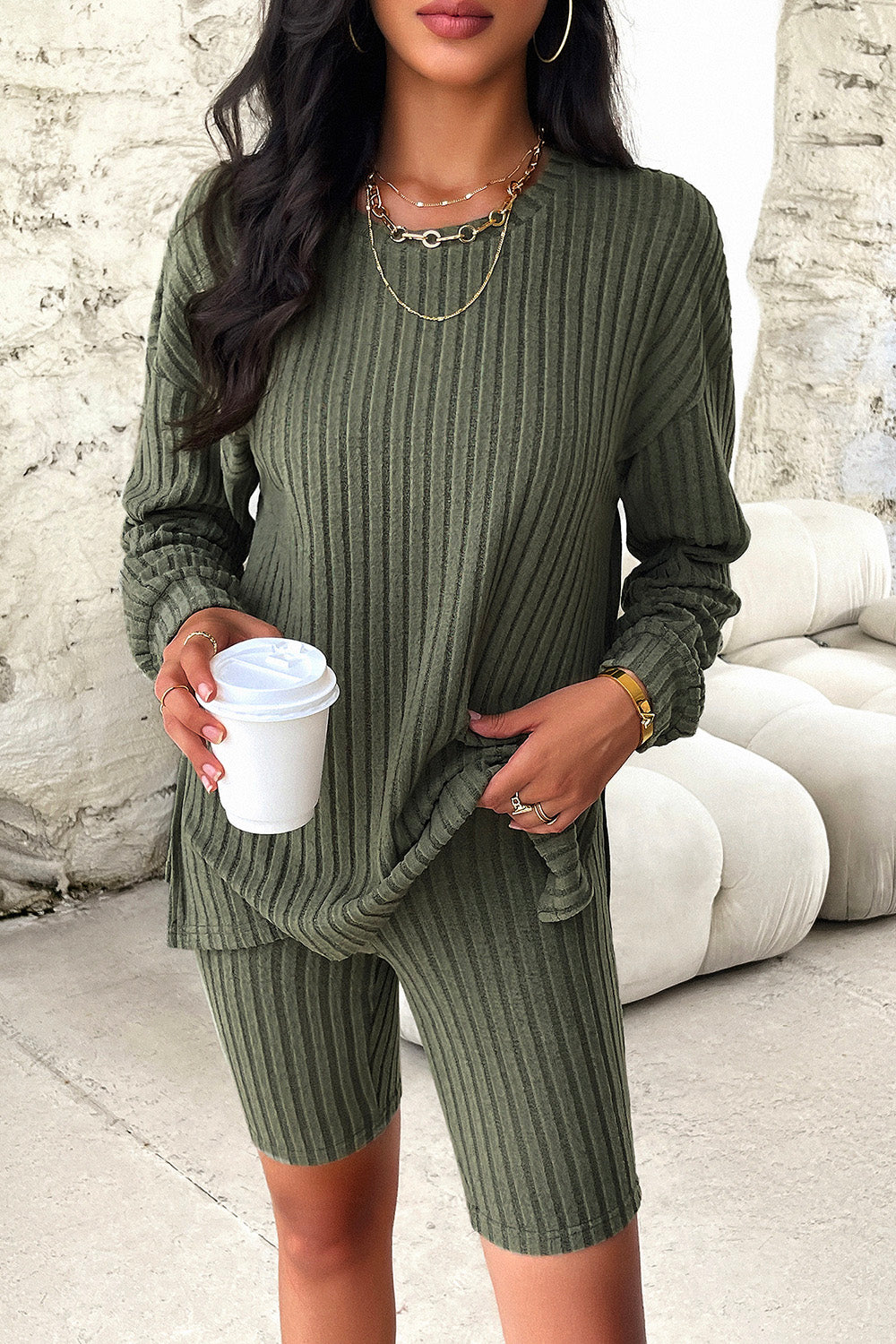 Slouchy ribbed knit bike short set in matcha green, featuring a long sleeve top and fitted shorts.