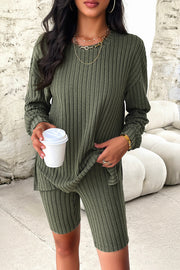 Slouchy ribbed knit bike short set in matcha green, featuring a long sleeve top and fitted shorts.