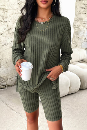 Slouchy ribbed knit bike short set in matcha green, featuring a long sleeve top and fitted shorts.