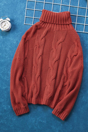 Rust cable knit turtleneck sweater with relaxed fit and ribbed cuffs and hem.