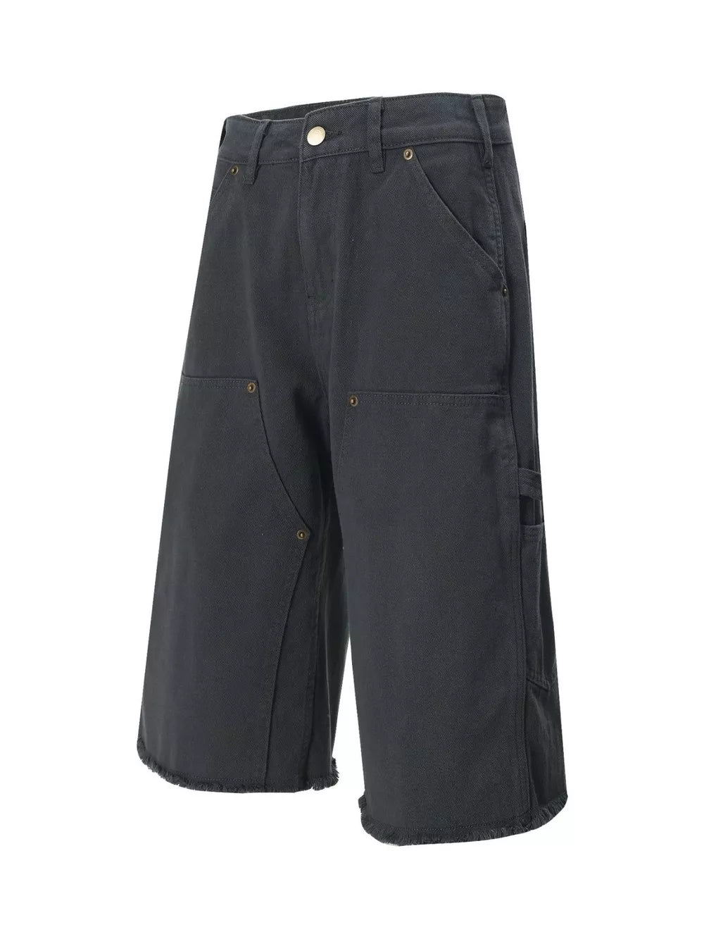 Dark gray relaxed fit utility capris for men with frayed hem and multiple pockets.