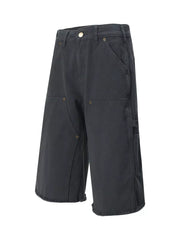 Dark gray relaxed fit utility capris for men with frayed hem and multiple pockets.