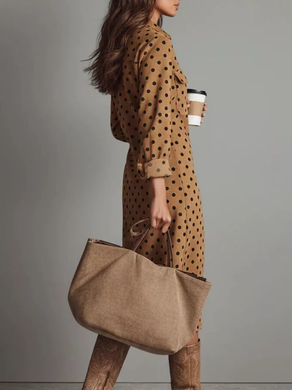 Brown polka dot midi dress with collared neckline and button-down front.