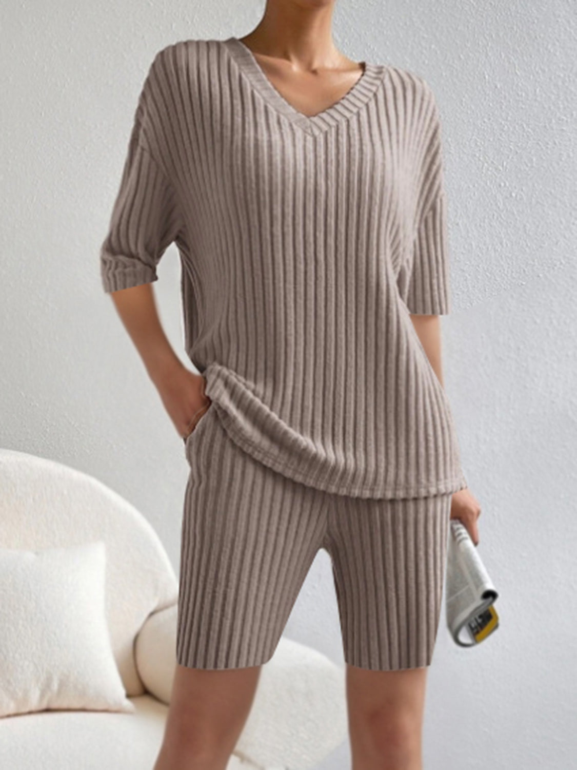 Ribbed V-neck loungewear set in mocha with short sleeves and shorts.