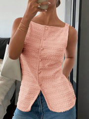 Wavy textured button-front tank top in bright pink with a square neckline.