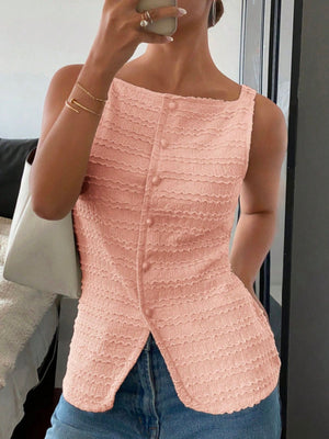 Wavy textured button-front tank top in bright pink with a square neckline.